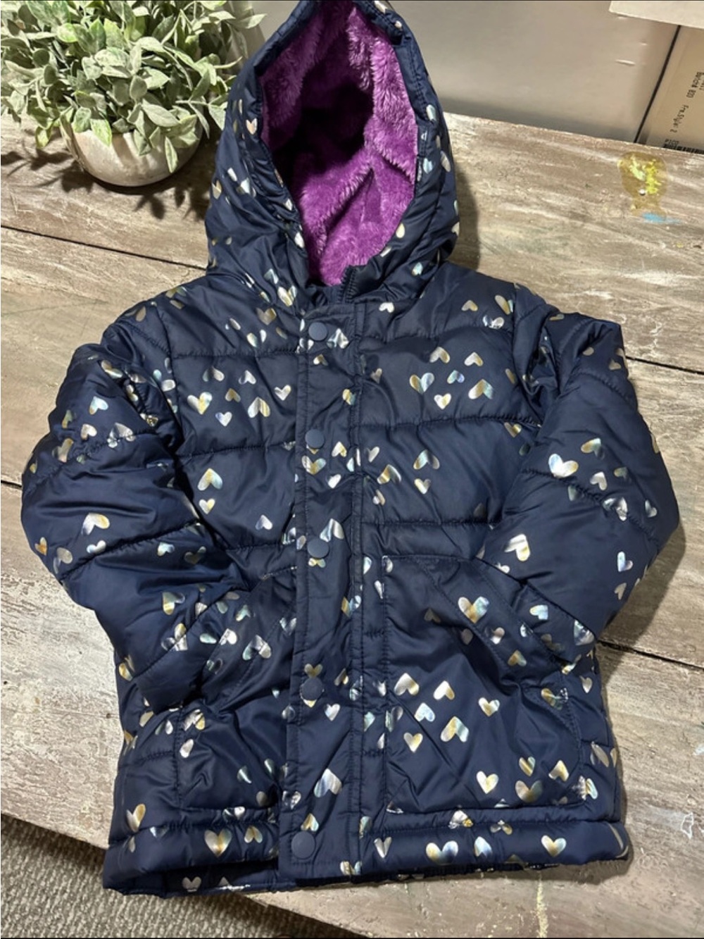 Cat & Jack Navy Puffer Jacket with Purple Hood Lining